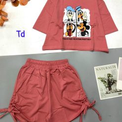 Đồ bộ quần đùi rút dây áo croptop cổ tròn in hình thú - DBO4748