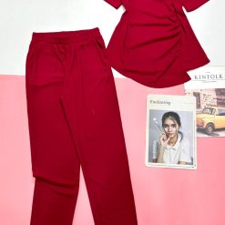 Đồ bộ quần dài áo tay ngắn nhún hông áo trơn - DBO4758