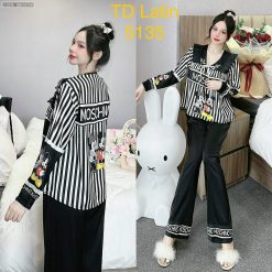 Đồ bộ latin quần dài áo tay dài cổ v viền có nơ cột - DBO4759