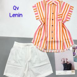 Đồ bộ quần trắng đùi áo sơ mi sọc túi - DBO4771