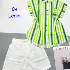 Đồ bộ quần trắng đùi áo sơ mi sọc túi - DBO4771