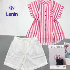 Đồ bộ quần trắng đùi áo sơ mi sọc túi - DBO4771