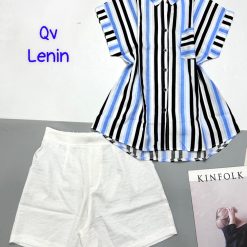 Đồ bộ quần trắng đùi áo sơ mi sọc túi - DBO4771