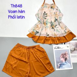 Đồ bộ voan hàn quần dài áo sát nách hoạ tiết hoa - DBO4776