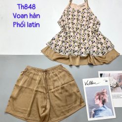 Đồ bộ voan hàn quần dài áo sát nách hoạ tiết hoa - DBO4776