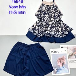 Đồ bộ voan hàn quần dài áo sát nách hoạ tiết hoa - DBO4776
