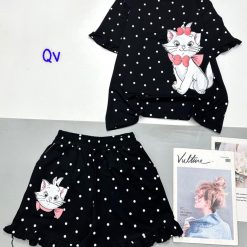 Đồ bộ thun nữ quần đùi ống viền xoè in hình mèo - DBO4778