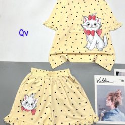 Đồ bộ thun nữ quần đùi ống viền xoè in hình mèo - DBO4778