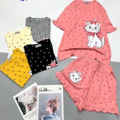 Đồ bộ thun nữ quần đùi ống viền xoè in hình mèo - DBO4778
