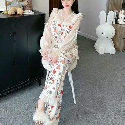 đồ bộ quần dài áo tay dài vải latin phối ren nơ - DBO4826