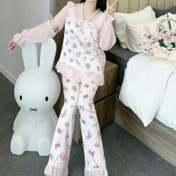 đồ bộ quần dài áo tay dài vải latin phối ren nơ - DBO4826