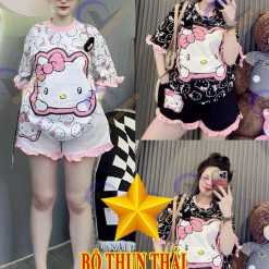 Đồ bộ quần đùi bèo áo tay phồng bèo in hình mèo kitty - DBO4842