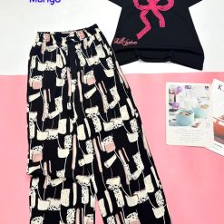 Đồ bộ quần dài mango áo thun tay ngắn gân in nơ - DBO4843