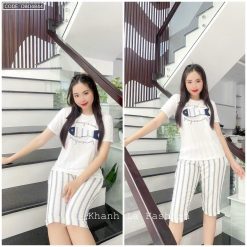 Đồ bộ quần lửng màu sọc áo tay ngắn in hình cá - DBO4844