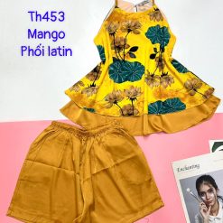Đồ bộ mango phối latin quần đùi trơn áo yếm 2 dây 2 tầng - DBO4846