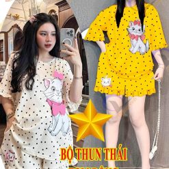 Đồ bộ quần đùi bèo áo tay phồng bèo in hình mèo kitty chấm bi - DBO4850