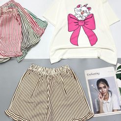 đồ bộ quần đùi bèo sọc áo tay ngắn in mèo nơ - DBO4883