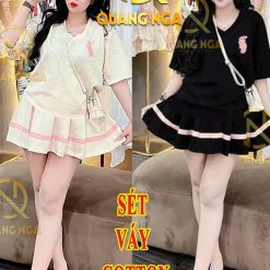 đồ bộ chân váy có sọc dưới áo tay ngắn cổ V - DBO4888
