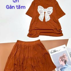 Đồ bộ gân tăm quần váy áo in nơ lớn - DBO4899