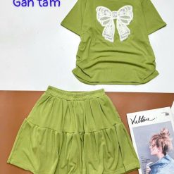 Đồ bộ gân tăm quần váy áo in nơ lớn - DBO4899