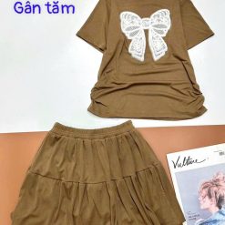 Đồ bộ gân tăm quần váy áo in nơ lớn - DBO4899