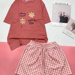 Đồ bộ quần đùi caroo áo tay ngắn in hình hoa - DBO4942