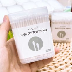 Hộp 200 Tăm Bông Ngoáy Tai - Tăm Bông Vcool 2 Đầu Tròn Và Dẹt Cho Bé Sơ Sinh 8x6x3.5cm - TBCB01