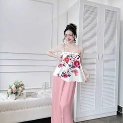 Đồ bộ quần dài latin áo hai dây in nhiều bông đẹp - DBO4984