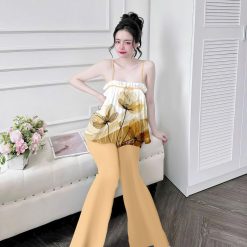 Đồ bộ quần dài latin áo hai dây in nhiều bông đẹp - DBO4984