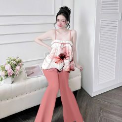 Đồ bộ quần dài latin áo hai dây in nhiều bông đẹp - DBO4984