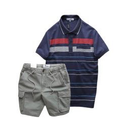 Set Bộ Nam Áo Thun Polo Hoạ Tiết Sọc Ngang Có Túi Quần Short Kaki Túi Hộp - SBN126