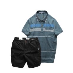 Set Bộ Nam Áo Thun Polo Hoạ Tiết Sọc Ngang Có Túi Quần Short Kaki Túi Hộp - SBN126