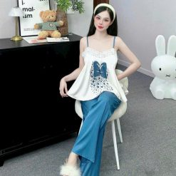 Đồ bộ quần dài latin áo hai dây ren in nhiều hình - DBO4993