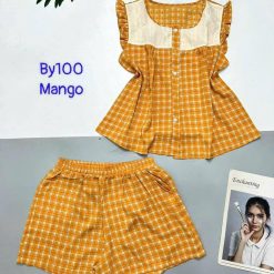 Đồ bộ mango quần đùi caro áo sát nách phối ren - DBO5007
