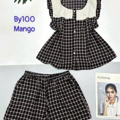 Đồ bộ mango quần đùi caro áo sát nách phối ren - DBO5007