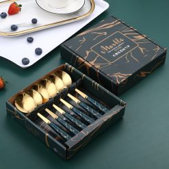 Bộ 6 Muỗng Inox 304 Vân Đá Tráng Vàng Kèm Hộp 16x18cm - MIN03401