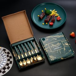 Bộ 6 Muỗng Inox 304 Vân Đá Tráng Vàng Kèm Hộp 16x18cm - MIN03401