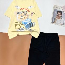 Đồ bộ quần lửng đen áo tay ngắn in hình thỏ mặc quần jean - DBO5010