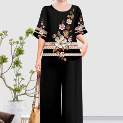 Đồ bộ trung niên đính đá la tin quần dài in bông có 3 size - DBO5015