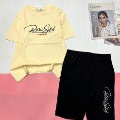 Đồ bộ quần lửng đen áo tay ngắn in nhiều chữ áo và quần - DBO5021