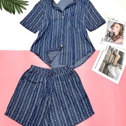 Đồ bộ quần đùi áo sơ mi tay ngắn jean in - DBO5048