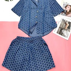 Đồ bộ quần đùi áo sơ mi tay ngắn jean in - DBO5048