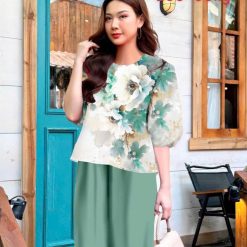Đồ bộ mango quần dài áo tay phồng nhiều hoa đẹp - DBO5052