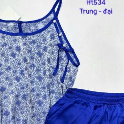 Đồ bộ gấm phối lụa mờ quần đùi trơn áo yếm 2 dây có nút trung - DBO5061