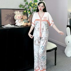 đồ bộ pijama quần dài áo tay ngắn cổ V nhiều hình khác nhau - DBO5088