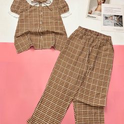 Đồ bộ quần dài bèo dưới ống áo tay bèo cổ bèo nơ - DBO5101