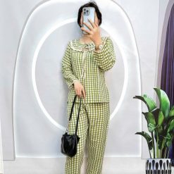 Đồ bộ quần dài áo tay dài bèo cổ bèo nơ caro ô - DBO5102