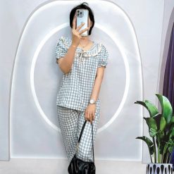 Đồ bộ quần dài áo tay ngắn bèo cổ bèo nơ caro ô - DBO5103