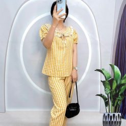 Đồ bộ quần dài áo tay ngắn bèo cổ bèo nơ caro ô - DBO5103