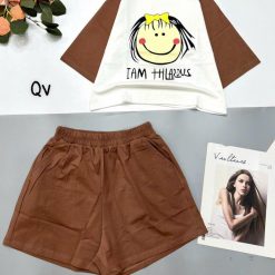 đồ bộ quần đùi áo crop top tay ngắn in chữ i am happy - DBO5114
